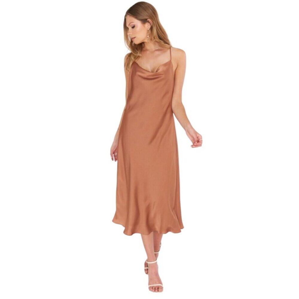 Show Me Your Mumu Verona Cowl Slip Dress Copper Midi Satin Sleeveless Size XS